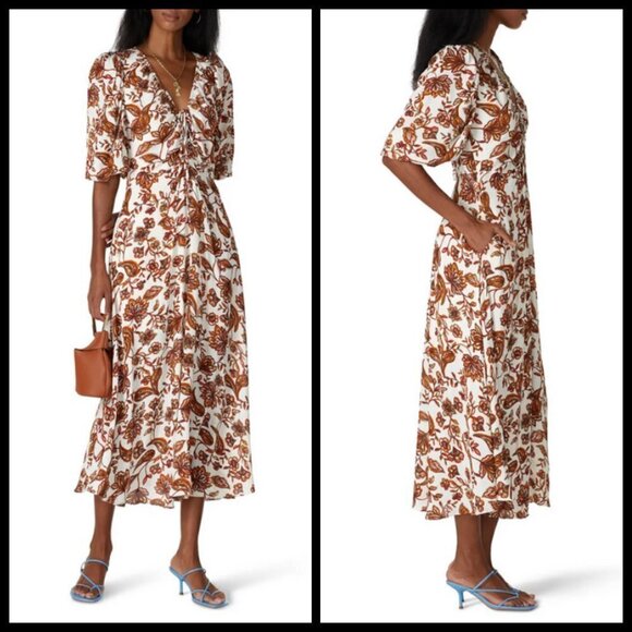 💕NICHOLAS💕 Printed Danielle Dress ~ Ivory Paisley Floral Print US 12 Crepe - Picture 3 of 16